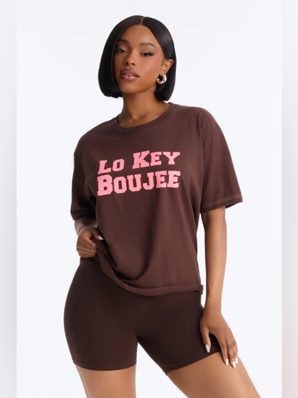 Lo Key Boujee Graphic Tee in Brown with Pink Print